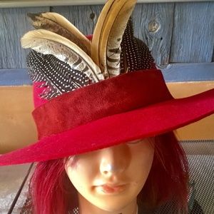 Vintage Red Red 100% wool felt hat by AmyG O/S red suede and wild bird feathers